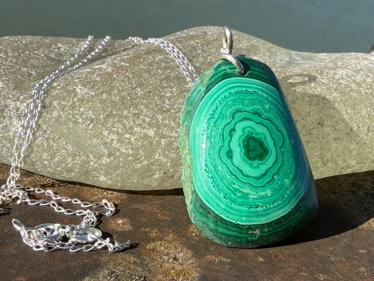 Stunning malachite necklace on recycled sterling silver. Boho large green gemstone necklace, ethically sourced and eco friendly. Unique gift