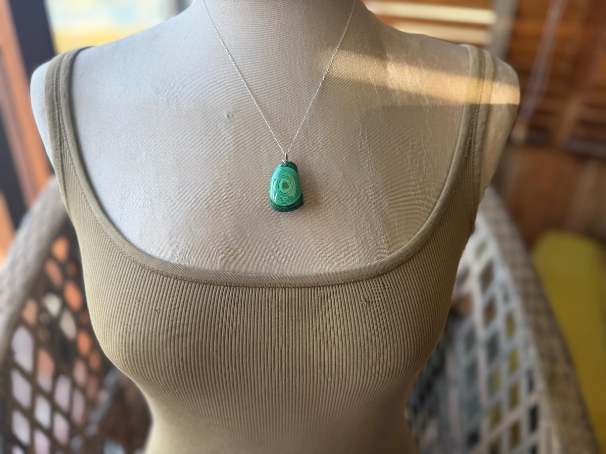 Stunning malachite necklace on recycled sterling silver. Boho large green gemstone necklace, ethically sourced and eco friendly. Unique gift