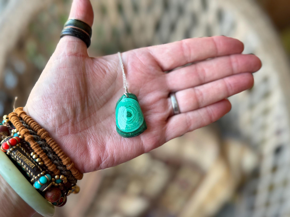 Stunning malachite necklace on recycled sterling silver. Boho large green gemstone necklace, ethically sourced and eco friendly. Unique gift