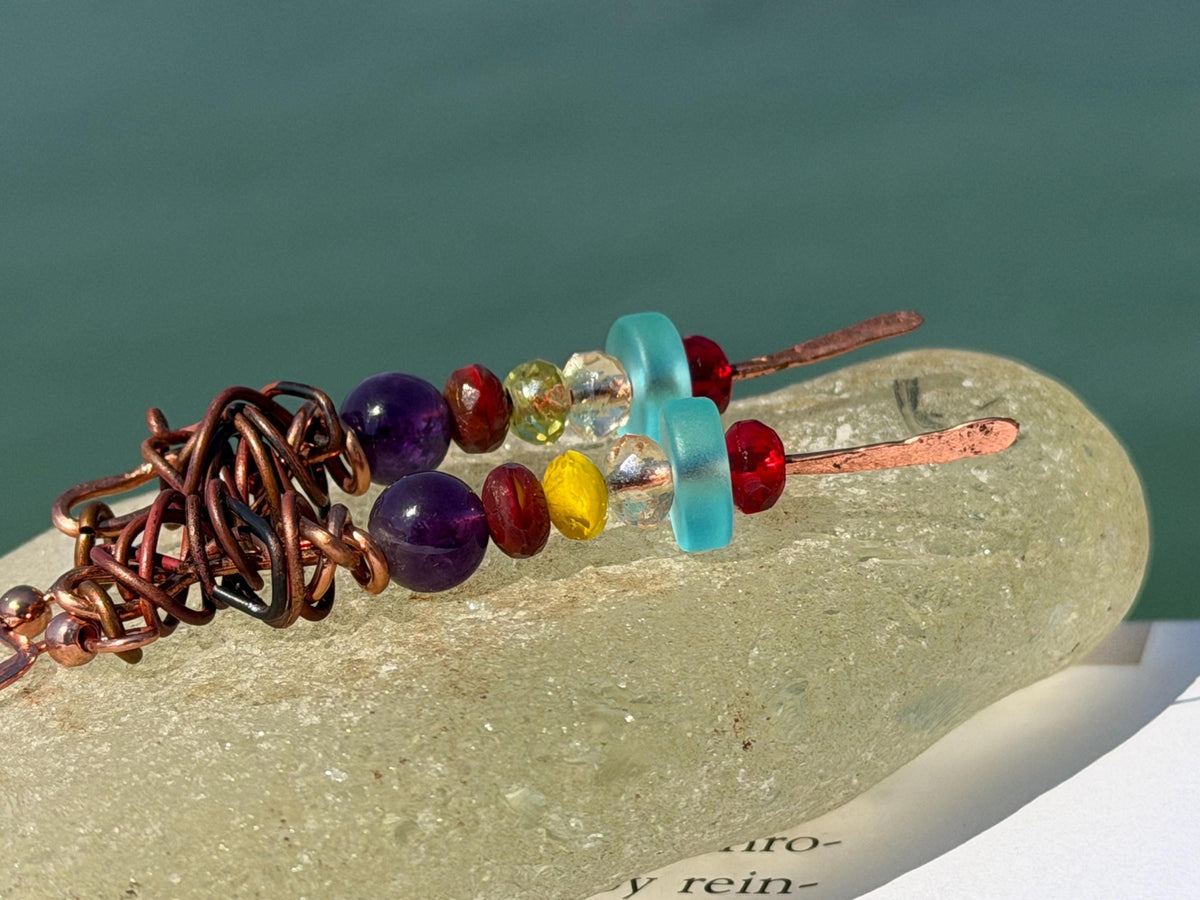 Eco friendly earrings made using recycled copper, sea glass & ethically sourced amethyst. Handmade ethical and unique jewellery.  Unusual.