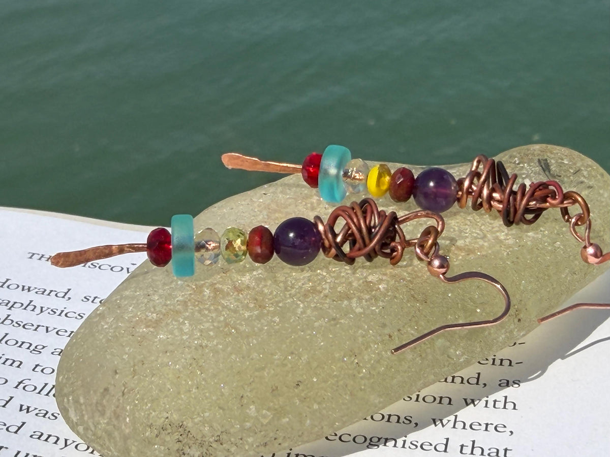 Eco friendly earrings made using recycled copper, sea glass & ethically sourced amethyst. Handmade ethical and unique jewellery.  Unusual.