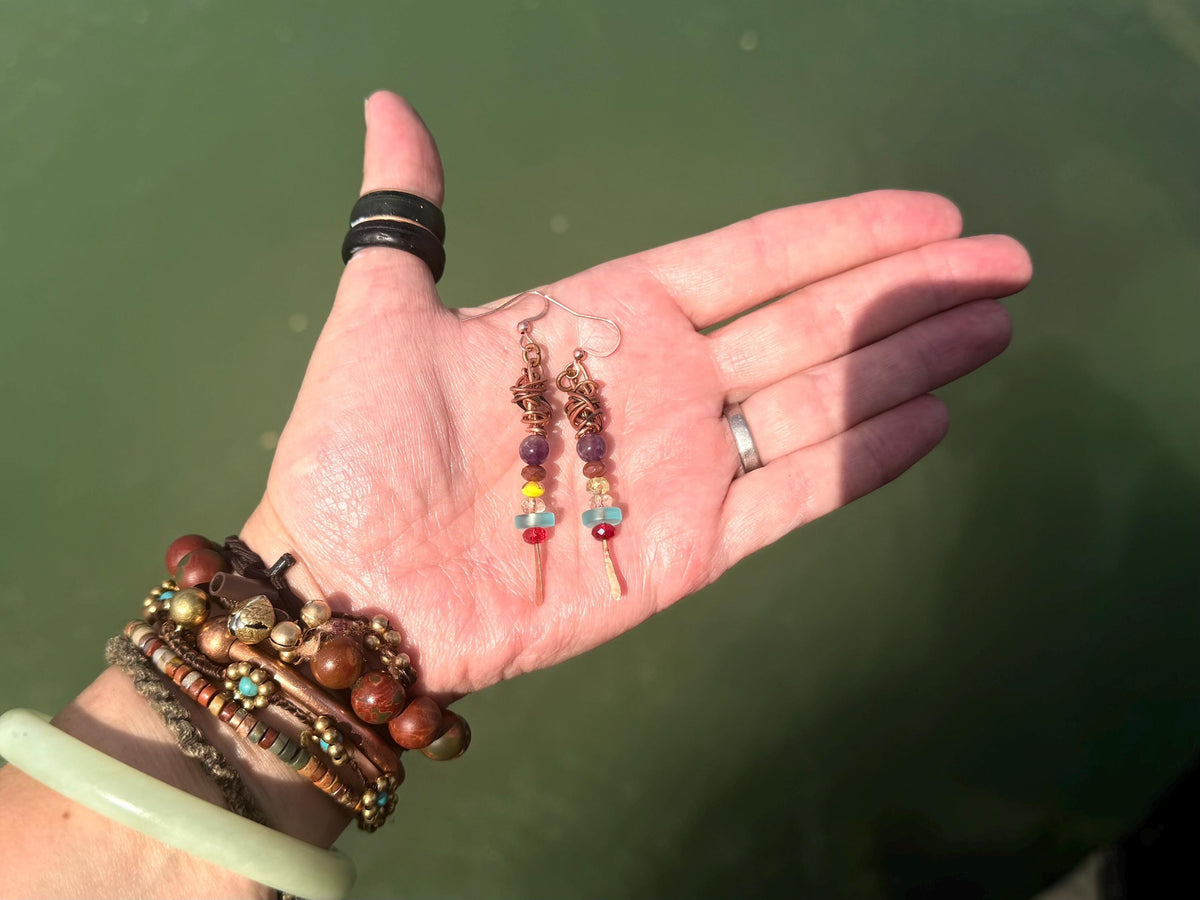 Eco friendly earrings made using recycled copper, sea glass & ethically sourced amethyst. Handmade ethical and unique jewellery.  Unusual.