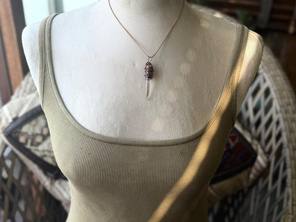 Eco friendly handmade necklace made from ethical quartz & naturally weathered recycled copper. Ethical jewellery. Unique handmade jewellery.