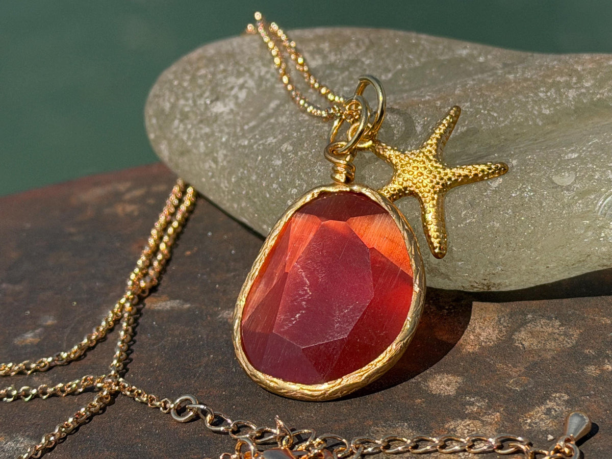 Stunning orange necklace on a recycled adjustable chain. Unusual and beautiful jewellery. Ethical, sustainable and eco friendly. Upcycled.