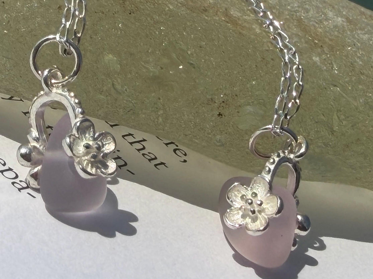 Dainty little recycled glass necklace within sterling silver flower. Recycled necklace. Ethical jewellery. glass pendant. Eco friendly gifts