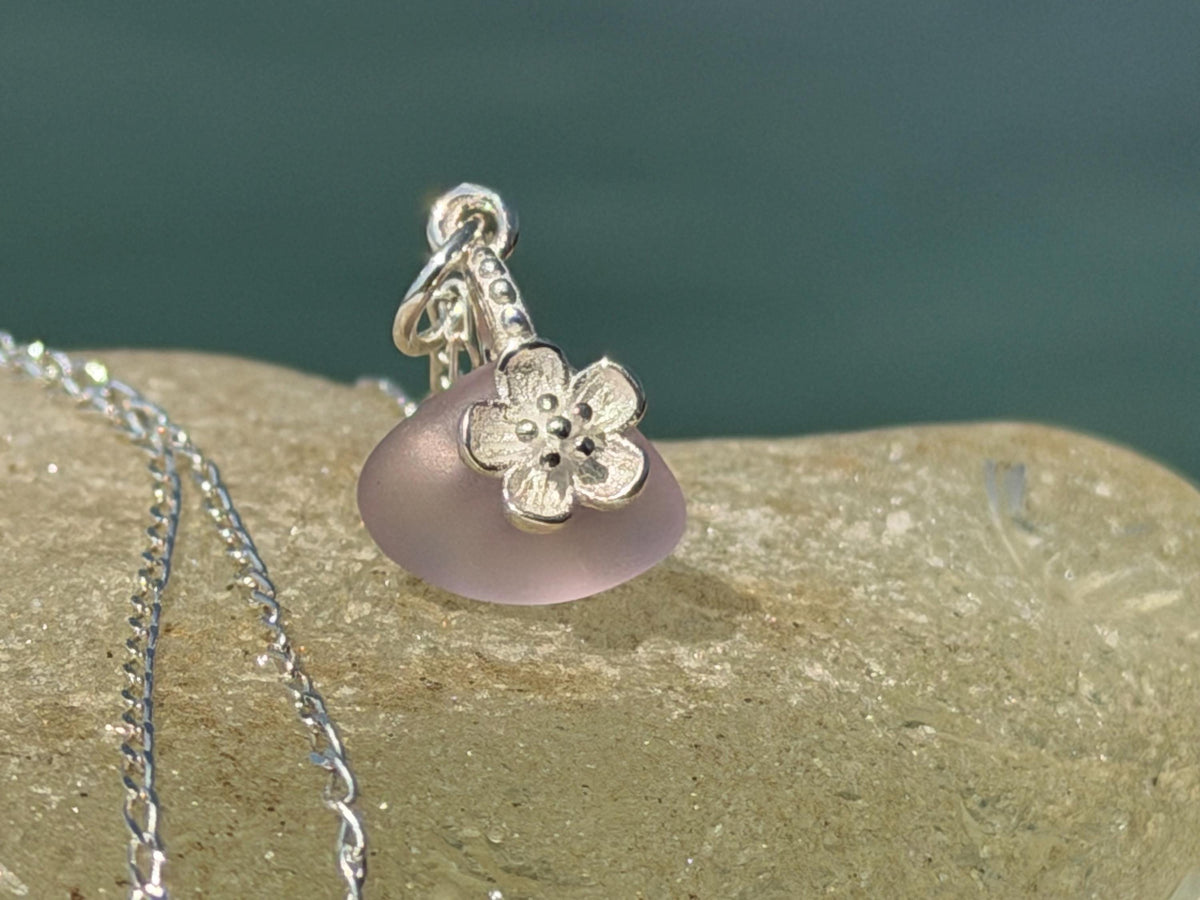 Dainty little recycled glass necklace within sterling silver flower. Recycled necklace. Ethical jewellery. glass pendant. Eco friendly gifts