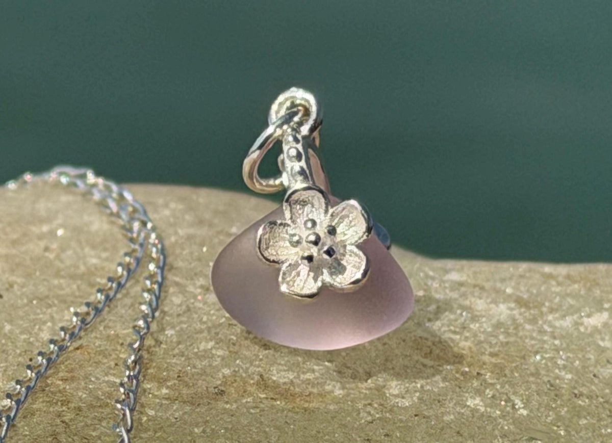 Dainty little recycled glass necklace within sterling silver flower. Recycled necklace. Ethical jewellery. glass pendant. Eco friendly gifts