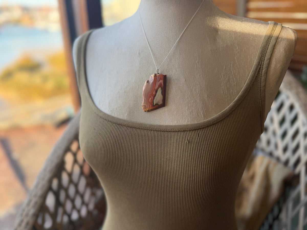 Stunning rhyolite necklace, ethical jewellery, bohemian necklace, unusual jewellery, unique gemstone pendant, orange gemstone necklace