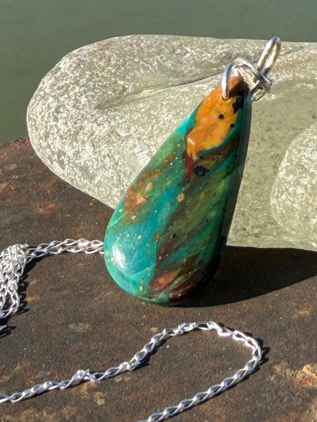 Green opalised wood necklace, ethical jewellery, bohemian necklace, unusual jewellery, unique eco friendly pendant,  red gemstone necklace.