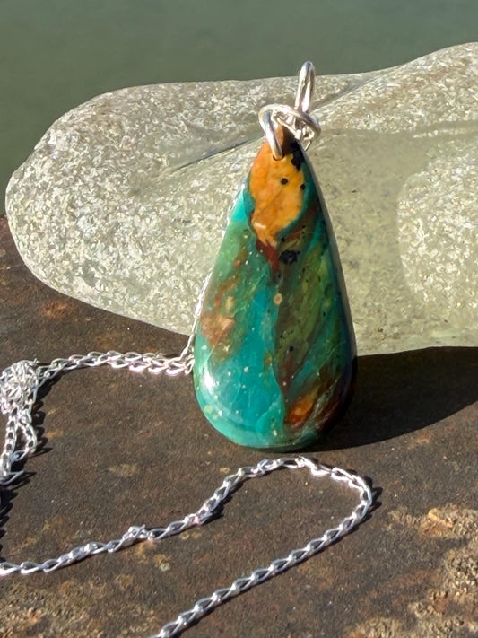 Green opalised wood necklace, ethical jewellery, bohemian necklace, unusual jewellery, unique eco friendly pendant,  red gemstone necklace.
