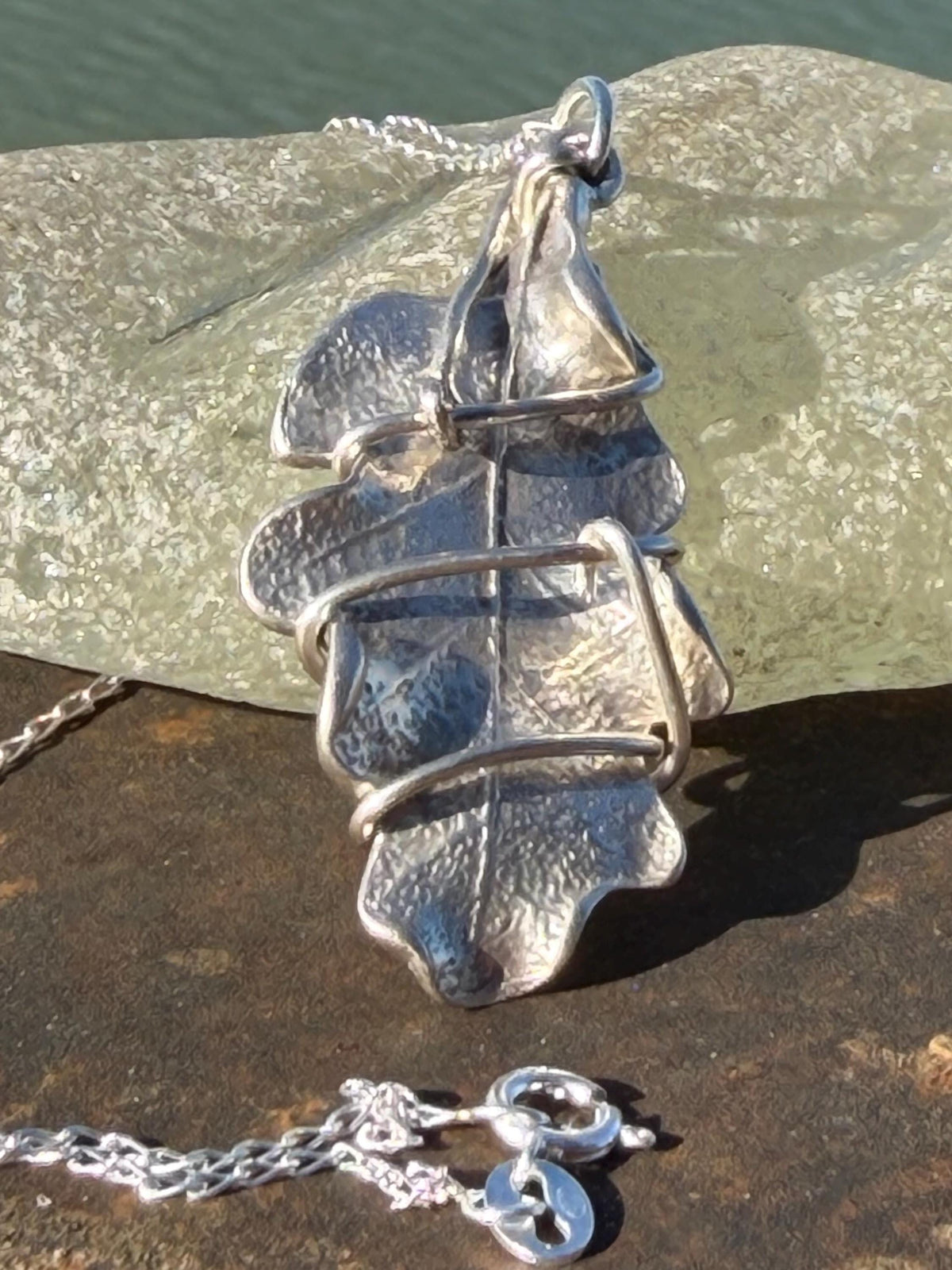 Oak leaf necklace wrapped in recycled sterling silver. Boho gift for her, boho necklace, silver leaf pendant. Silver jewellery.