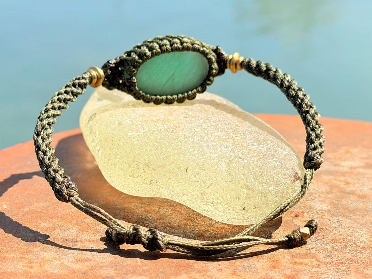 Stunning macrame wrapped aventurine bracelet, ethical jewellery, unusual jewellery, macrame jewellery. Green macrame bracelet Boho jewellery