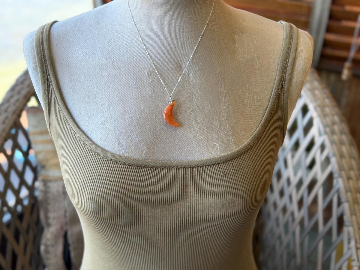 Carnelian moon necklace. Handmade eco friendlt jewellery. Orange gemstone jewellery, ethical jewellery. Handcrafted unique moon pendant.