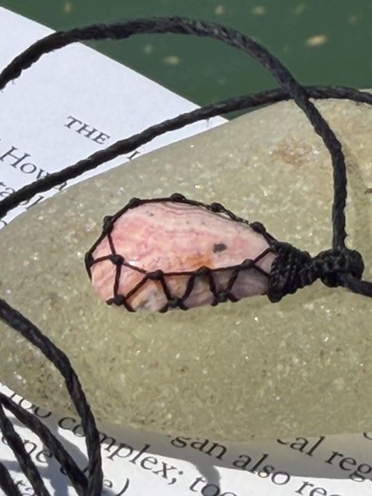 Eco friendly handmade necklace made from Rhodochrosite & sustainable hemp. Ethical jewellery. Unique handmade jewellery. Pink necklaces.