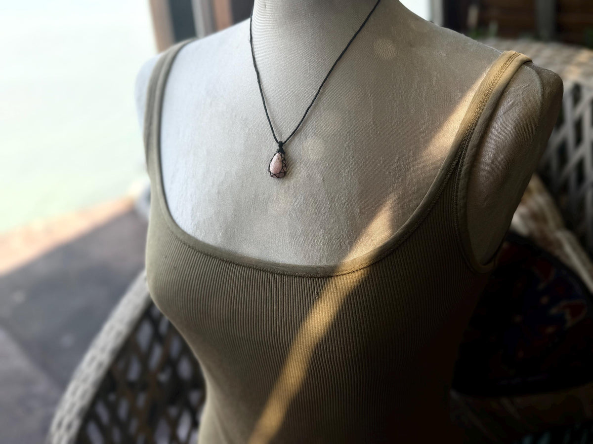 Eco friendly handmade necklace made from Rhodochrosite & sustainable hemp. Ethical jewellery. Unique handmade jewellery. Pink necklaces.