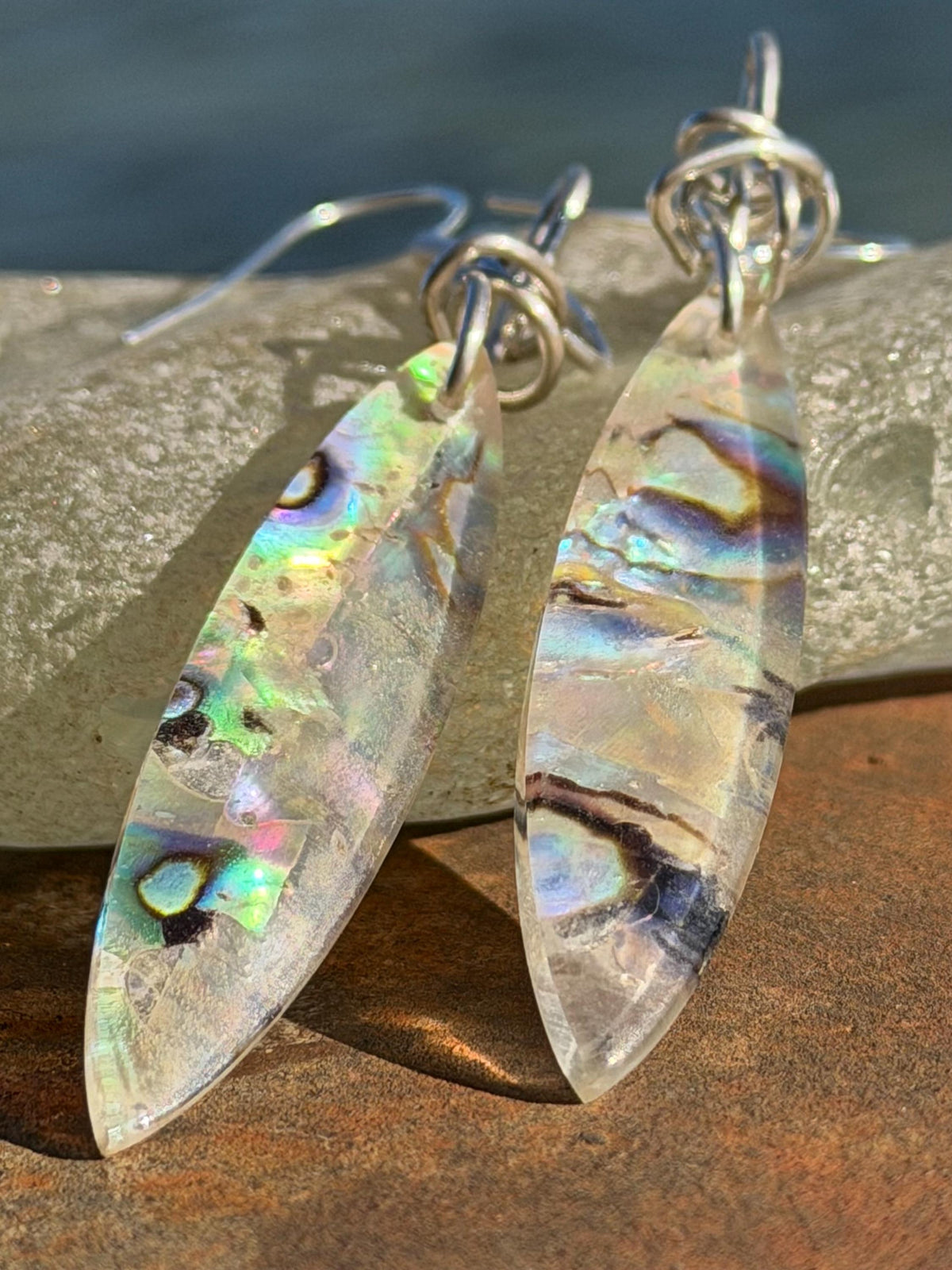 Abalone earrings. Handmade eco friendly earrings, abalone jewellery, rainbow earrings, funky jewellery, unusual jewellery, ethical jewellery
