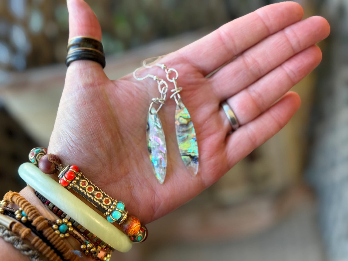 Abalone earrings. Handmade eco friendly earrings, abalone jewellery, rainbow earrings, funky jewellery, unusual jewellery, ethical jewellery