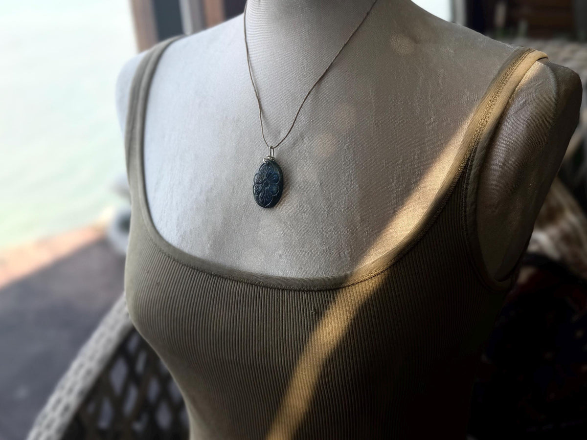 Carved labradorite necklace on recycled silver. Boho necklace, ethical jewellery, eco friendly necklace, gift for her, labradorite flower.