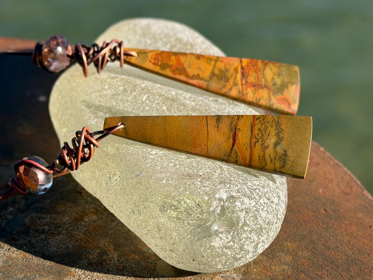 Picasso jasper gemstone earrings. Ethical jewellery, orange gemstone earrings. Stunning unique jewellery. Eco friendly unique earrings.