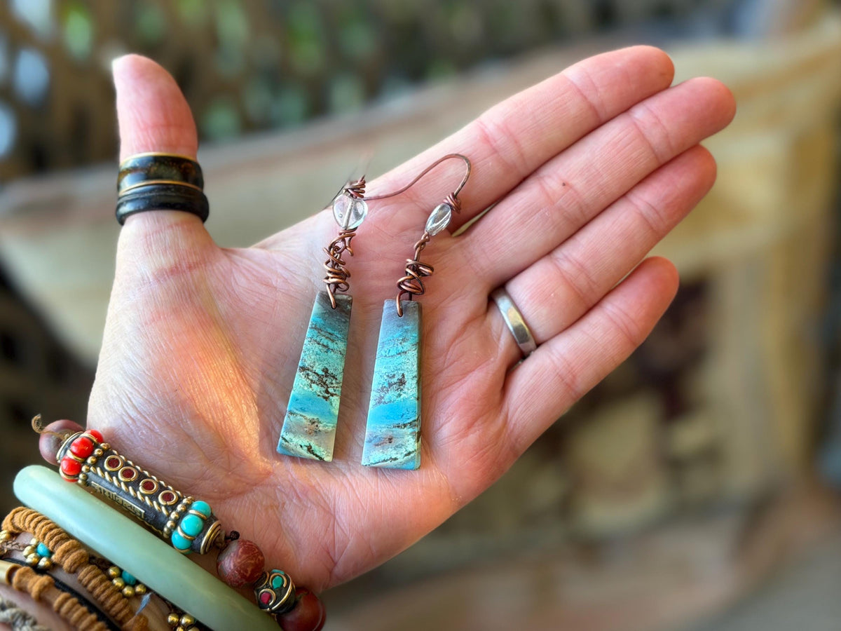 Chrysocolla gemstone earrings on recycled burnt copper. Ethical jewellery, blue gemstone earrings. Stunning unique jewellery. Unique gifts