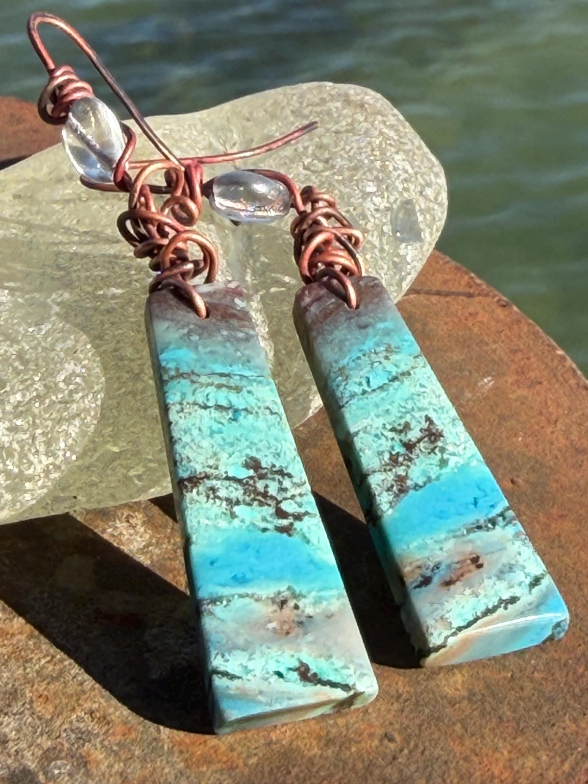 Chrysocolla gemstone earrings on recycled burnt copper. Ethical jewellery, blue gemstone earrings. Stunning unique jewellery. Unique gifts