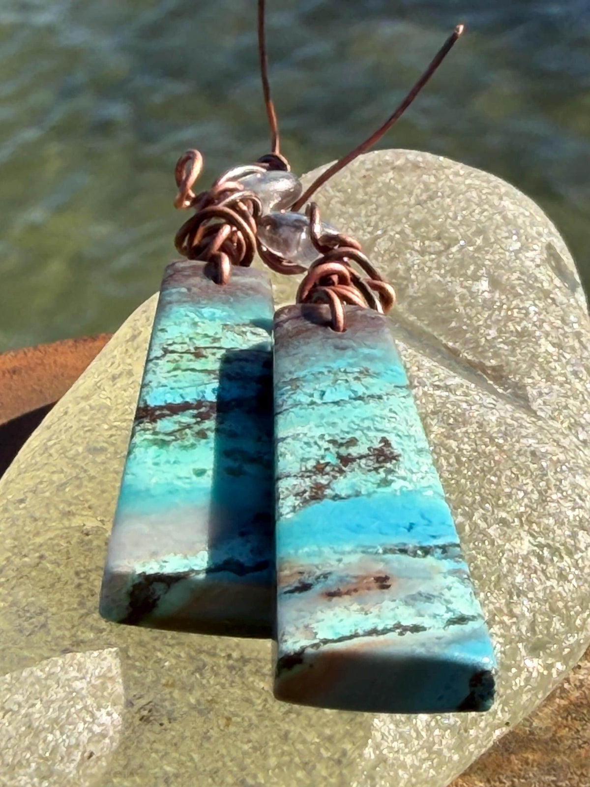 Chrysocolla gemstone earrings on recycled burnt copper. Ethical jewellery, blue gemstone earrings. Stunning unique jewellery. Unique gifts