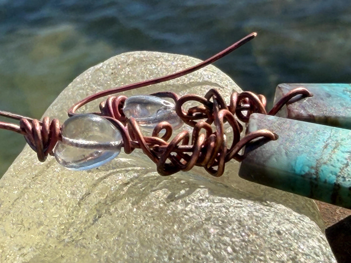Chrysocolla gemstone earrings on recycled burnt copper. Ethical jewellery, blue gemstone earrings. Stunning unique jewellery. Unique gifts