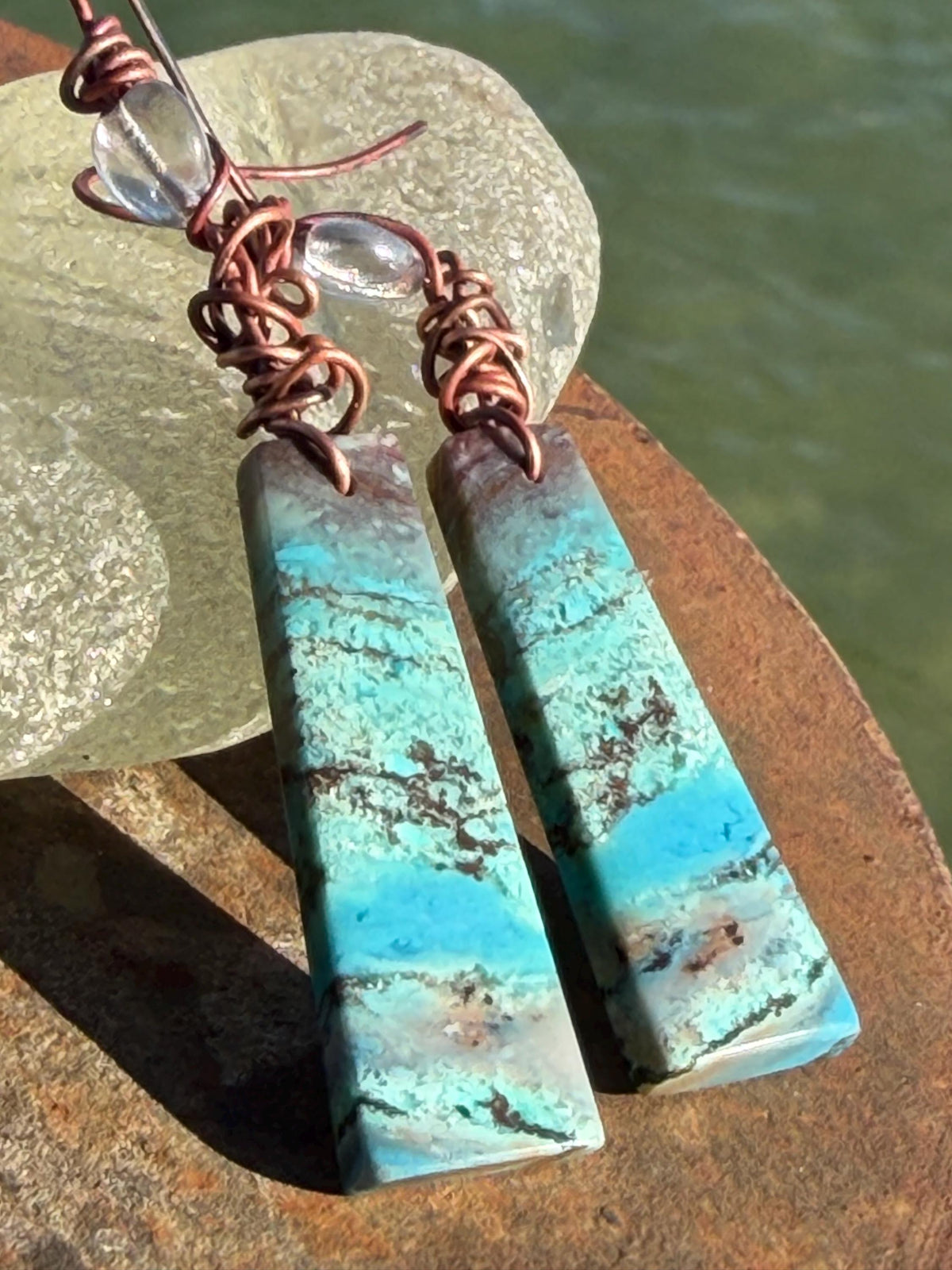Chrysocolla gemstone earrings on recycled burnt copper. Ethical jewellery, blue gemstone earrings. Stunning unique jewellery. Unique gifts