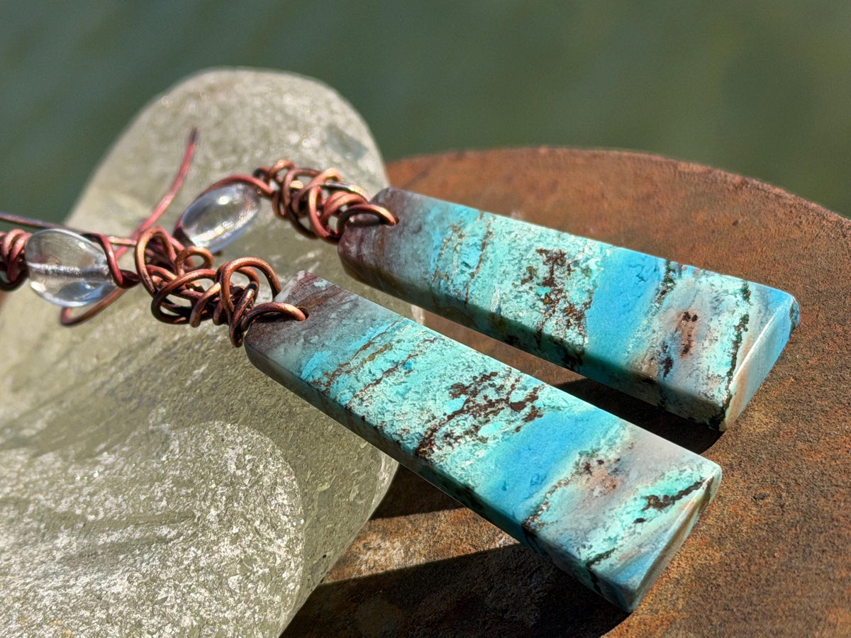 Chrysocolla gemstone earrings on recycled burnt copper. Ethical jewellery, blue gemstone earrings. Stunning unique jewellery. Unique gifts
