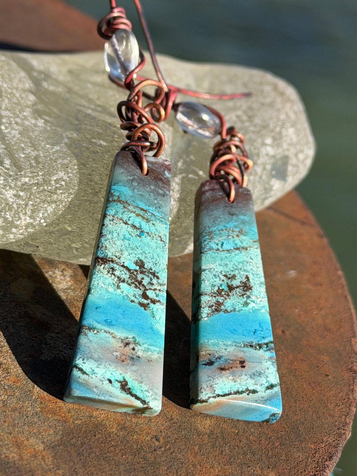 Chrysocolla gemstone earrings on recycled burnt copper. Ethical jewellery, blue gemstone earrings. Stunning unique jewellery. Unique gifts