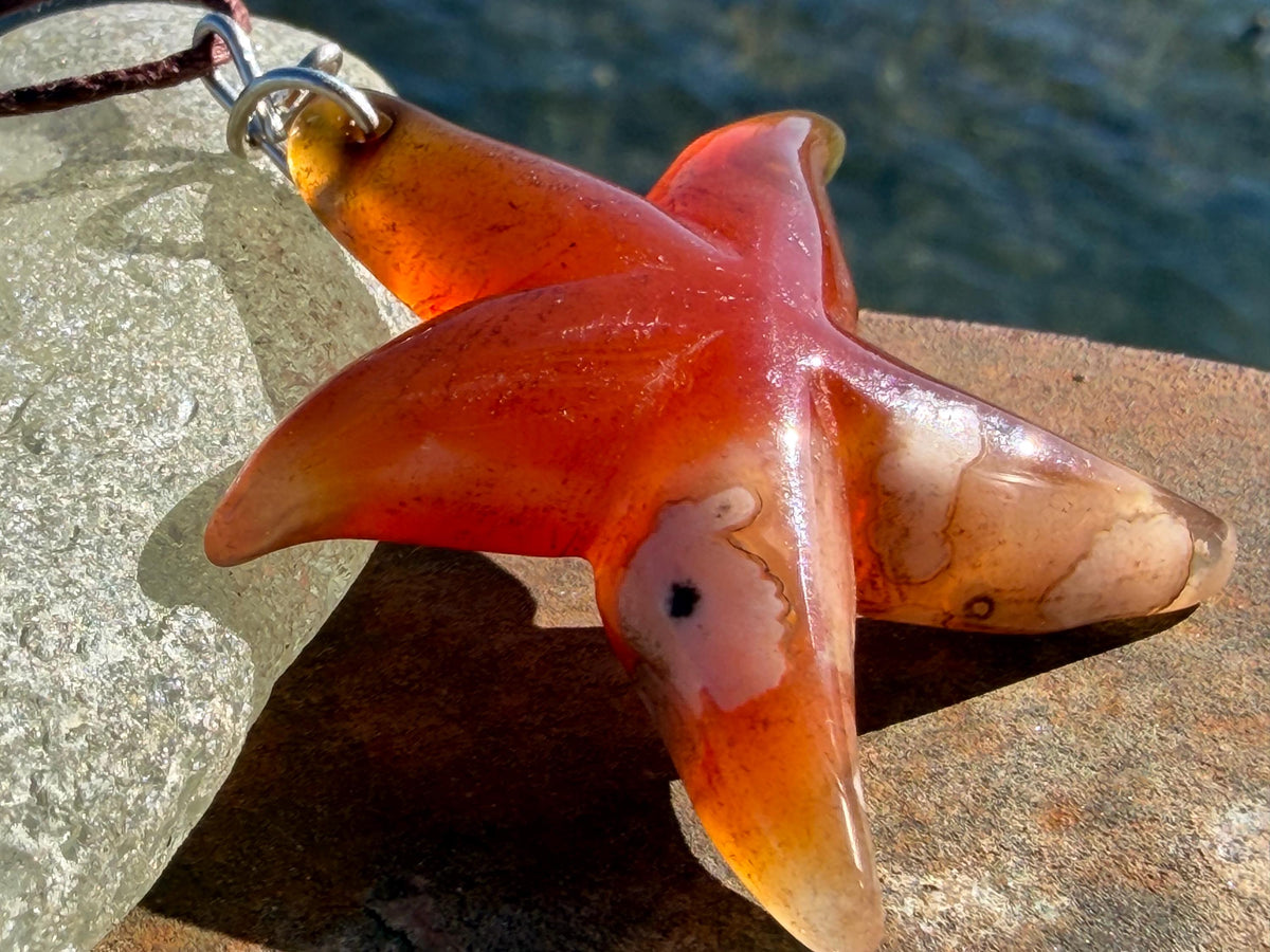 Cherry blossom agate necklace, ethical jewellery, starfish necklace, unique jewellery, orange agate pendant, orange gemstone necklace.