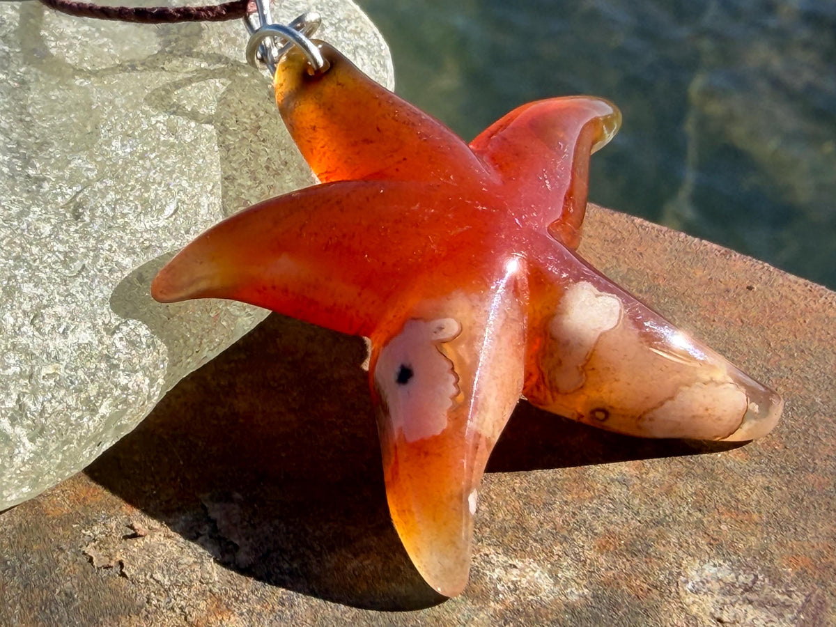 Cherry blossom agate necklace, ethical jewellery, starfish necklace, unique jewellery, orange agate pendant, orange gemstone necklace.