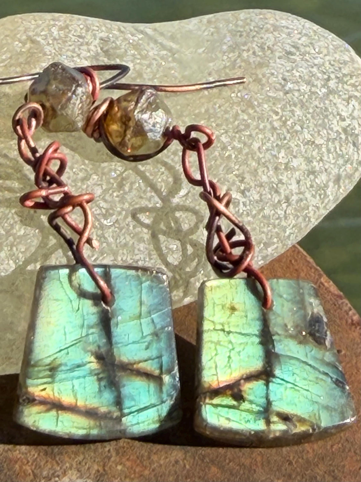 Ethically sourced labradorite earrings held on recycled copper. Ethical eco friendly  jewellery, labradorite jewellery. Boho unique earrings
