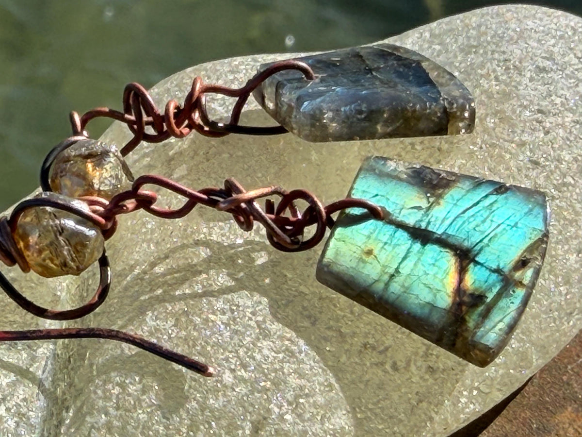 Ethically sourced labradorite earrings held on recycled copper. Ethical eco friendly  jewellery, labradorite jewellery. Boho unique earrings