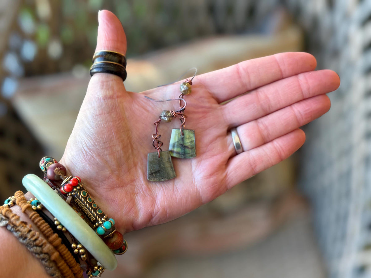 Ethically sourced labradorite earrings held on recycled copper. Ethical eco friendly  jewellery, labradorite jewellery. Boho unique earrings