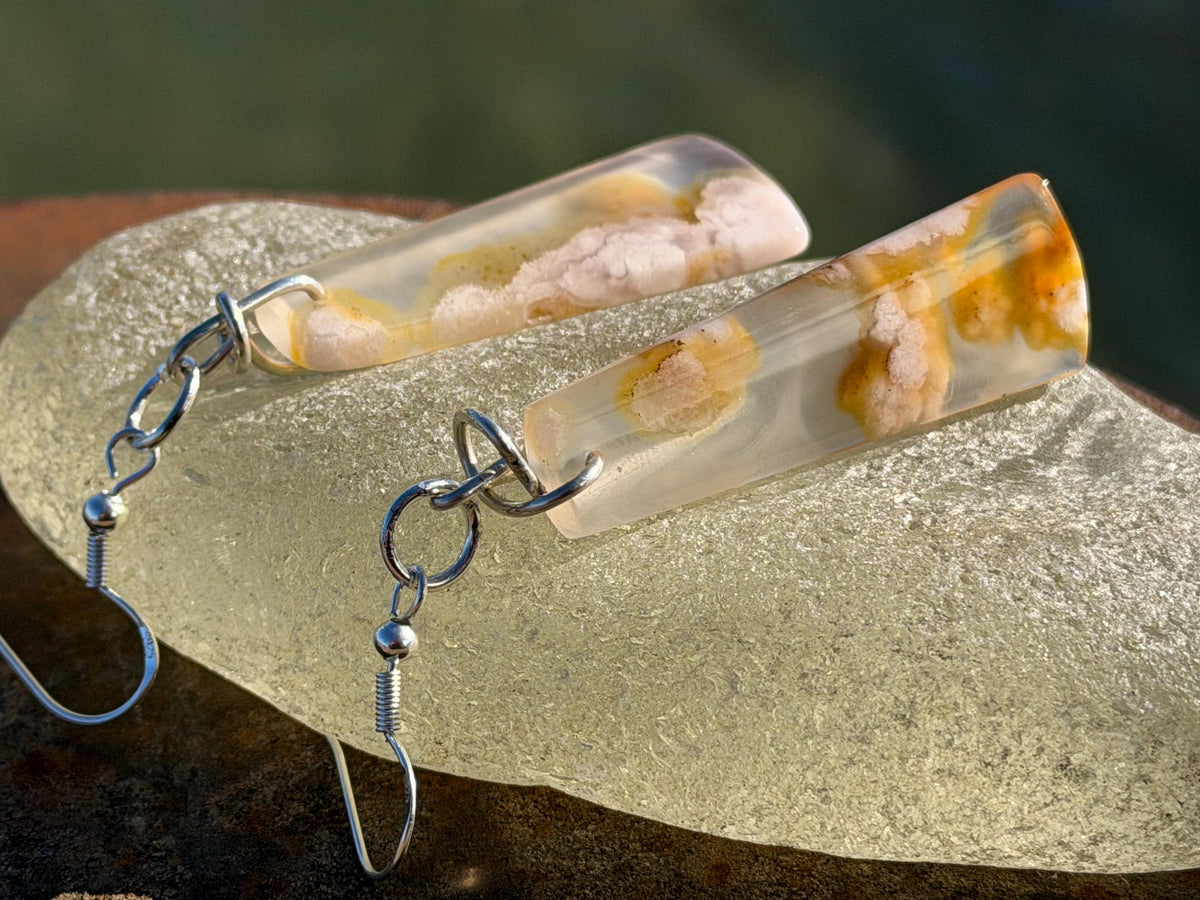 Cherry blossom agate earrings, ethical jewellery, white and silver earrings. Stunning unique earrings made with ethically sourced gemstones.