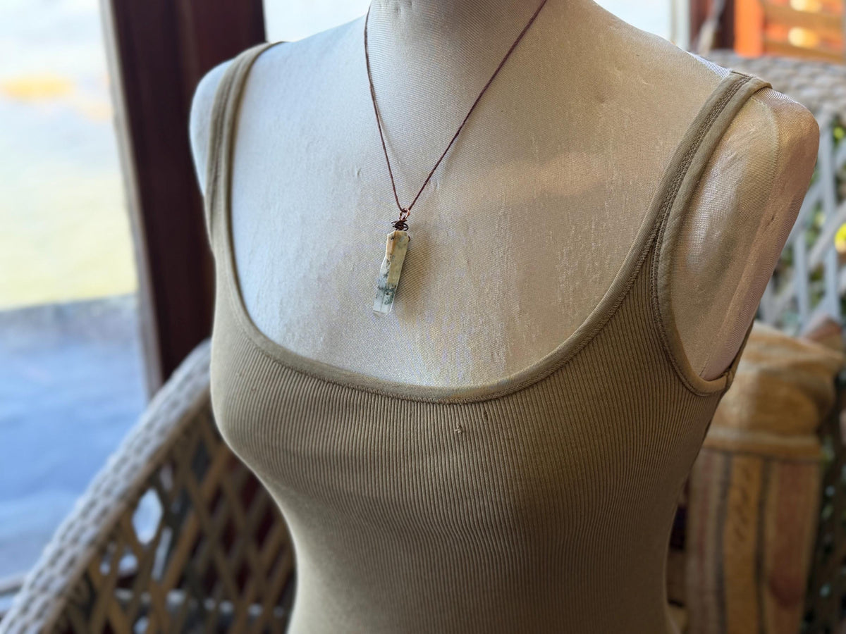 Raw moss agate necklace. Rustic moss agate pendant, large gemstone necklace, green gemstone, gift for gardener. Handmade necklace.