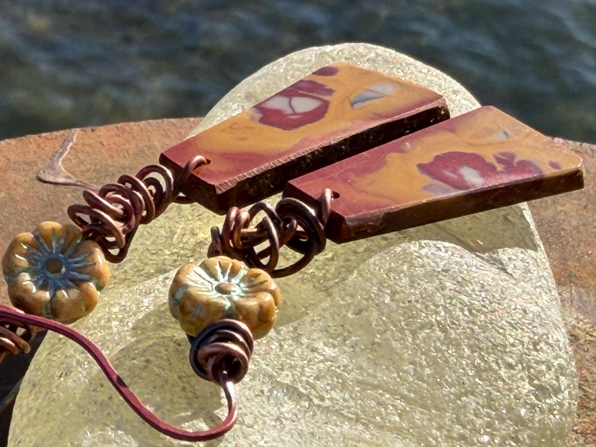 Picasso jasper gemstone earrings. Ethical jewellery, orange gemstone earrings. Stunning unique jewellery. Eco friendly unique earrings.