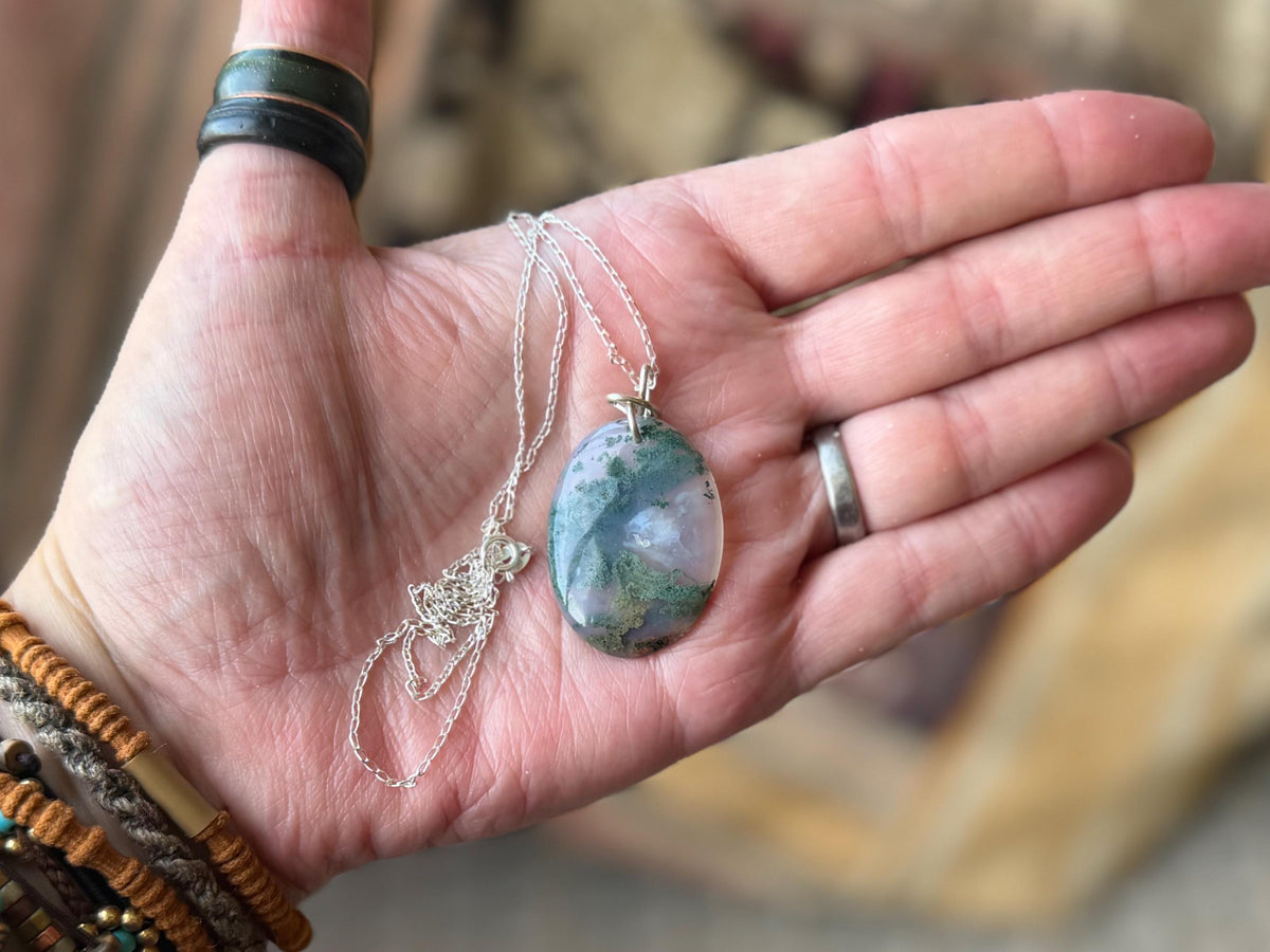 Moss agate necklace, moss agate pendant, large gemstone necklace, green gemstone, gift for gardener. Handmade necklace, boho gift for her