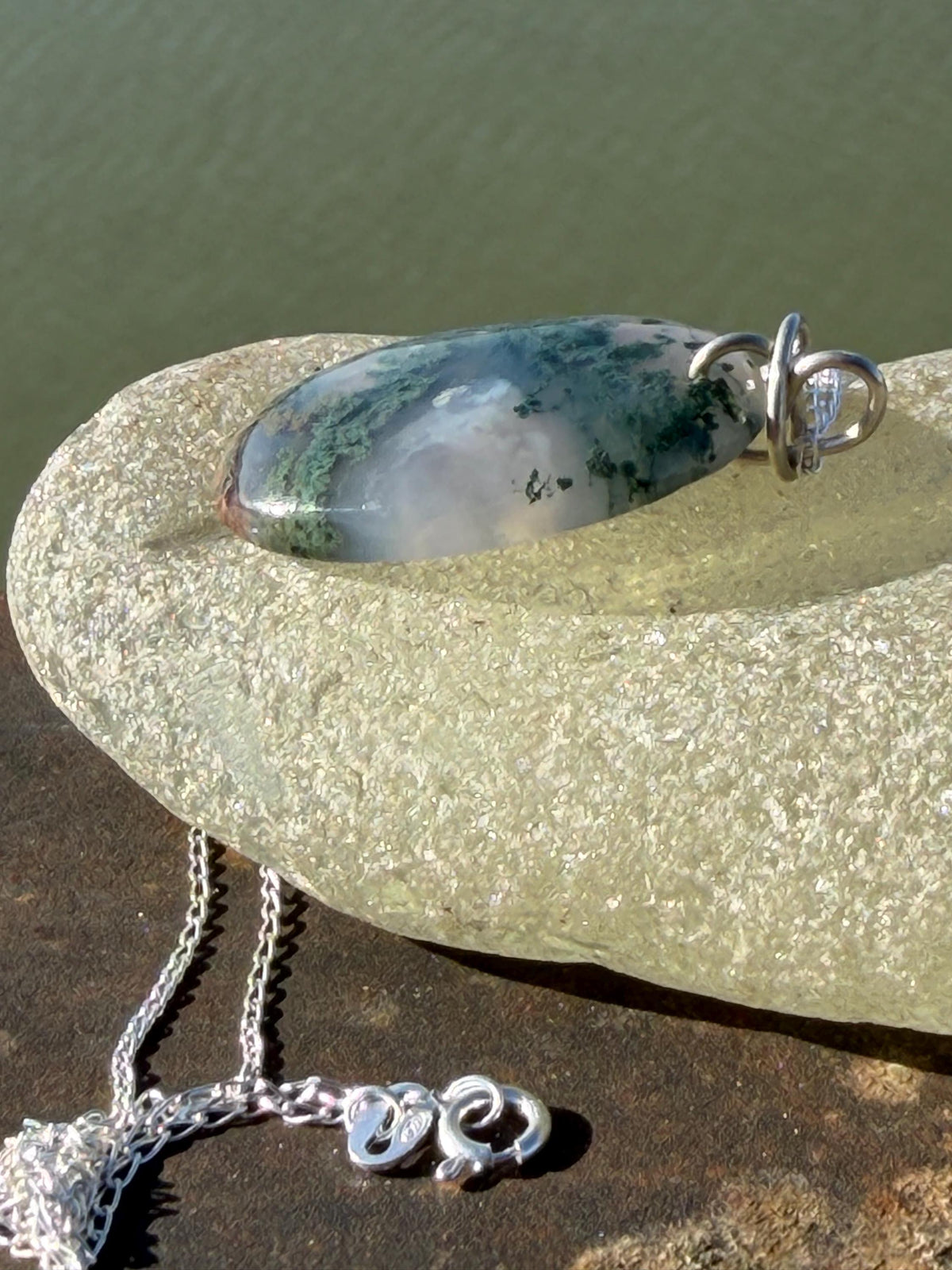 Moss agate necklace, moss agate pendant, large gemstone necklace, green gemstone, gift for gardener. Handmade necklace, boho gift for her