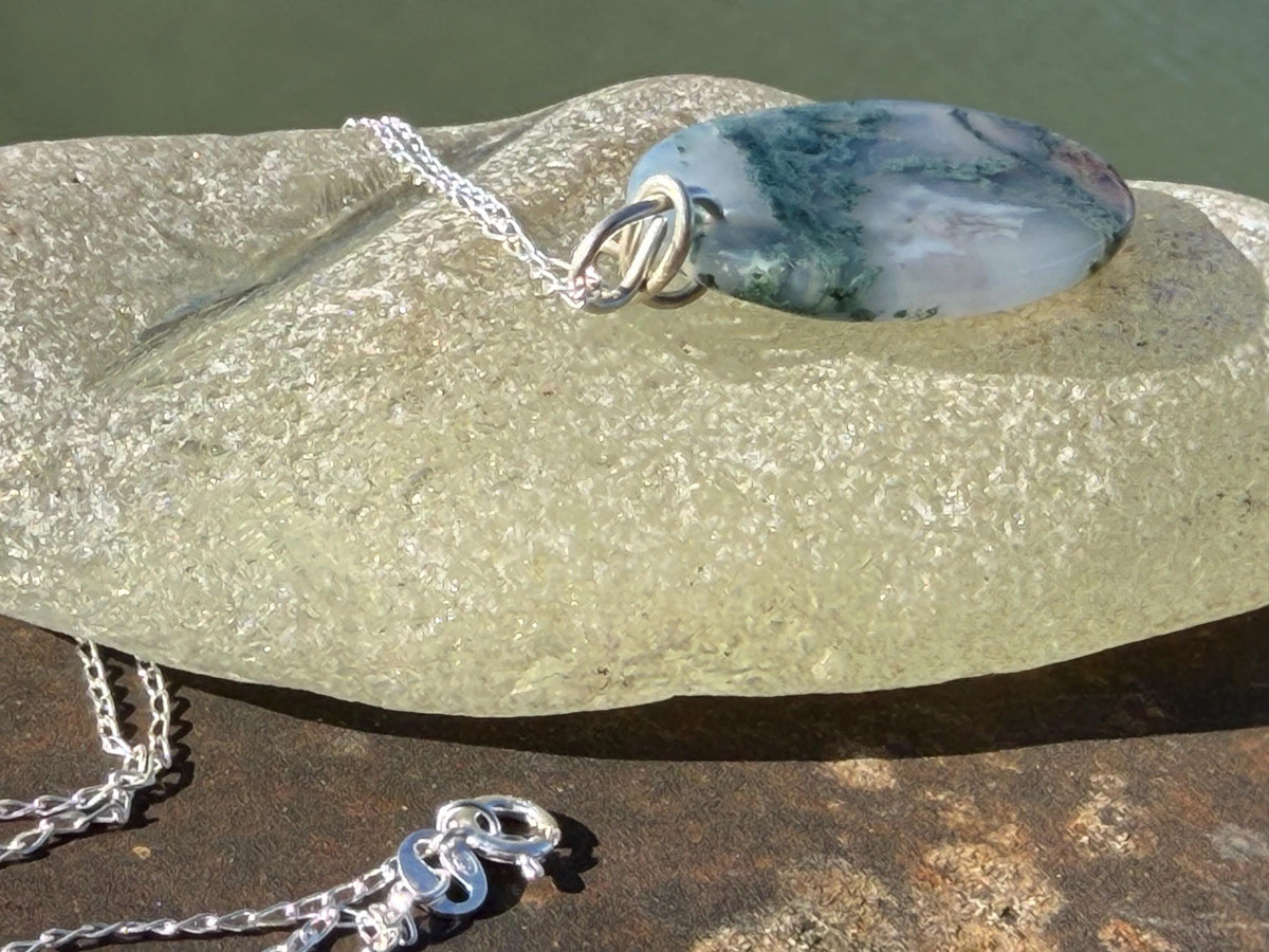 Moss agate necklace, moss agate pendant, large gemstone necklace, green gemstone, gift for gardener. Handmade necklace, boho gift for her