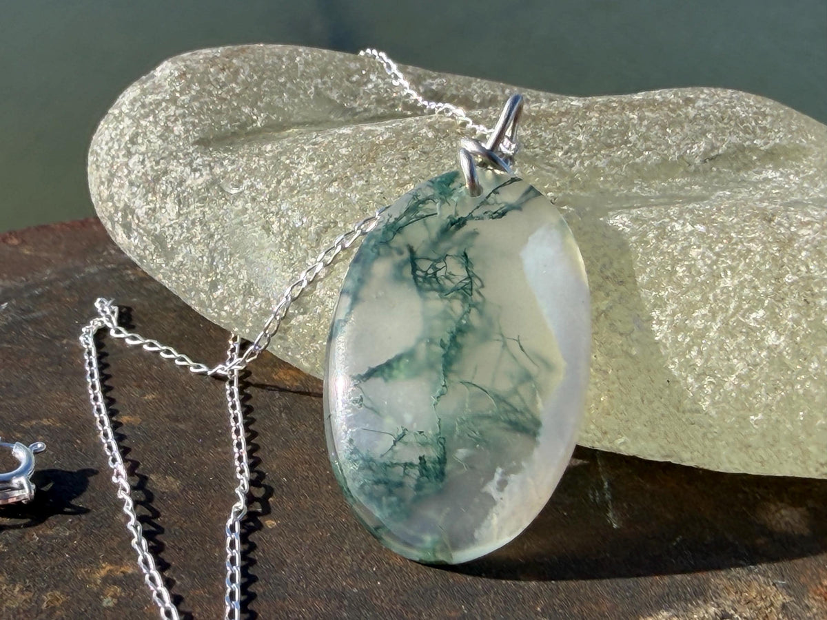 Moss agate necklace, moss agate pendant, large gemstone necklace, green gemstone, gift for gardener. Handmade necklace, boho gift for her