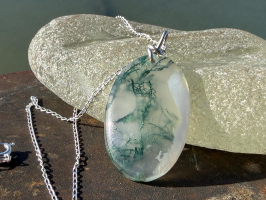 Moss agate necklace, moss agate pendant, large gemstone necklace, green gemstone, gift for gardener. Handmade necklace, boho gift for her