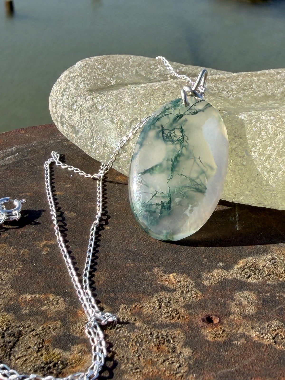 Moss agate necklace, moss agate pendant, large gemstone necklace, green gemstone, gift for gardener. Handmade necklace, boho gift for her