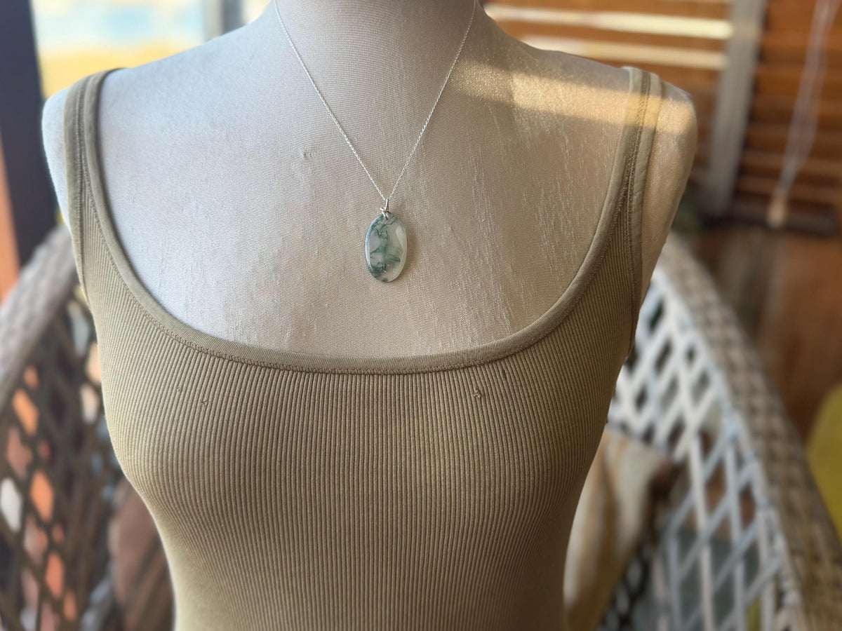 Moss agate necklace, moss agate pendant, large gemstone necklace, green gemstone, gift for gardener. Handmade necklace, boho gift for her