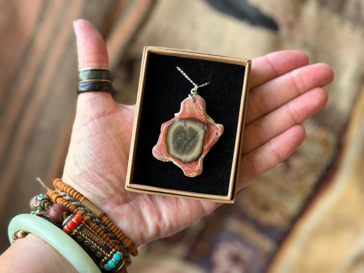 Eco friendly handmade necklace made from Rhodochrosite & recycled silver. Ethical jewellery. Unique handmade jewellery. Orange necklaces.