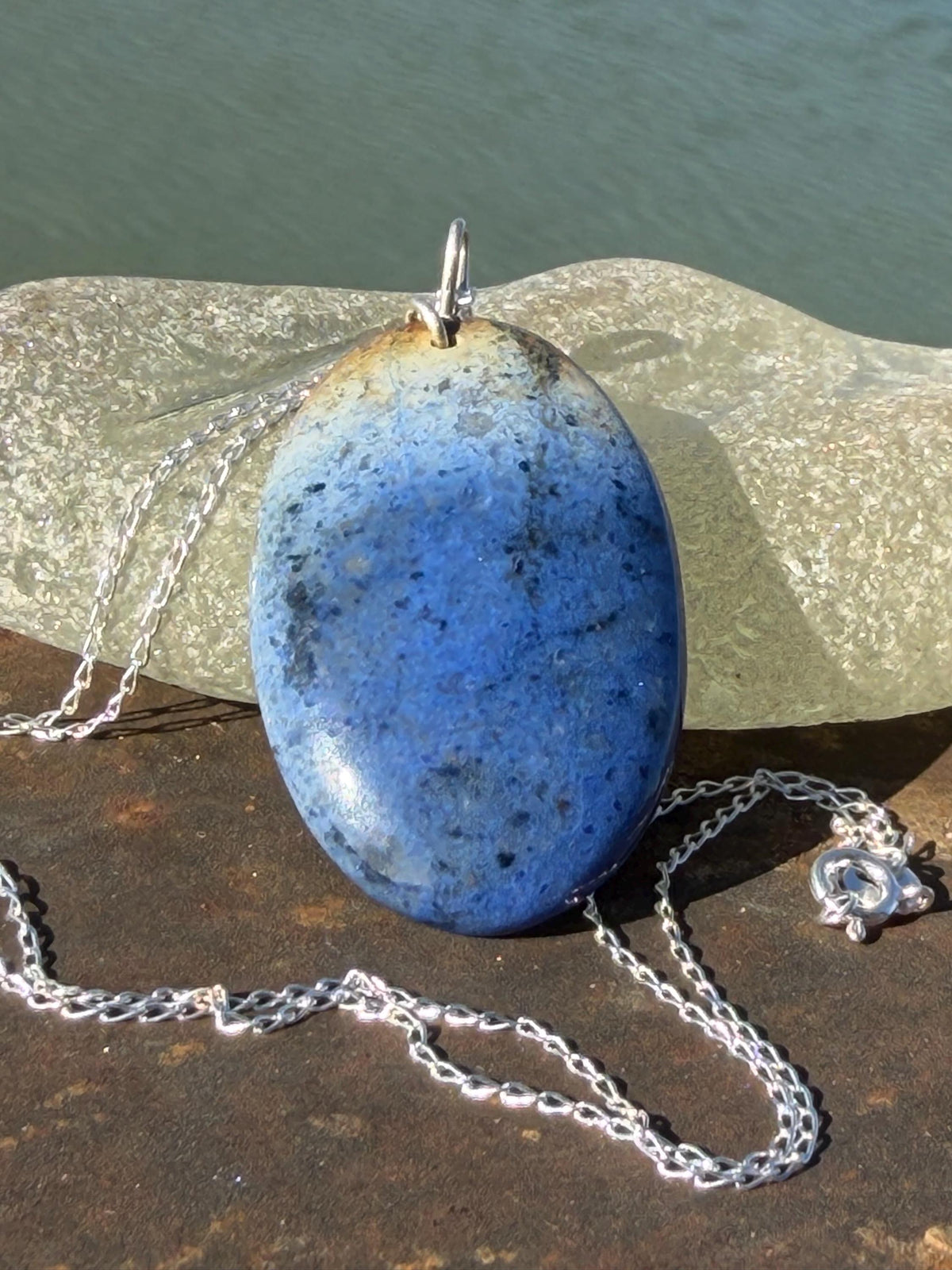 Blue papagoite necklace, ethical jewellery, bohemian necklace, unusual jewellery, papagoite pendant, blue gemstone necklace. Boho jewellery