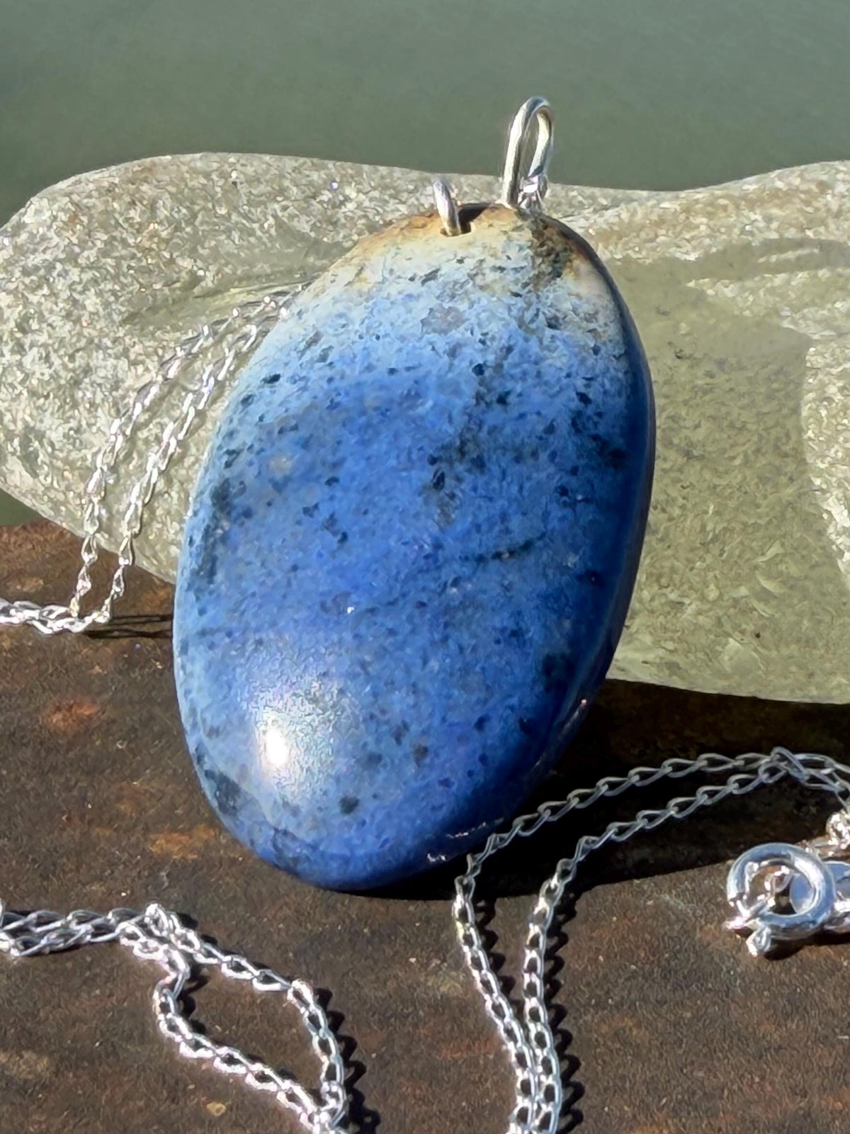 Blue papagoite necklace, ethical jewellery, bohemian necklace, unusual jewellery, papagoite pendant, blue gemstone necklace. Boho jewellery
