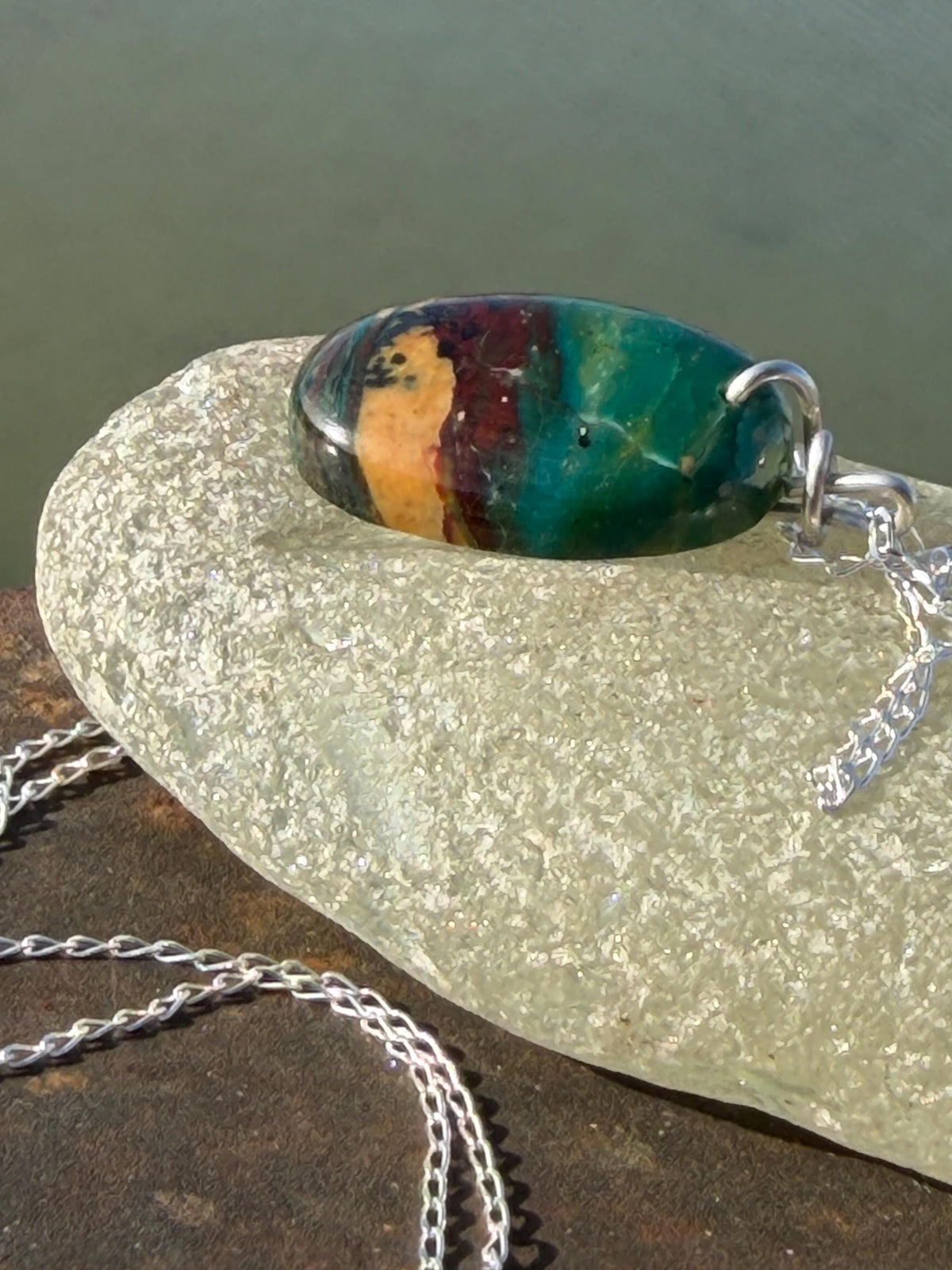Green opalised wood necklace, ethical jewellery, bohemian necklace, unusual jewellery, unique eco friendly pendant,  red gemstone necklace.