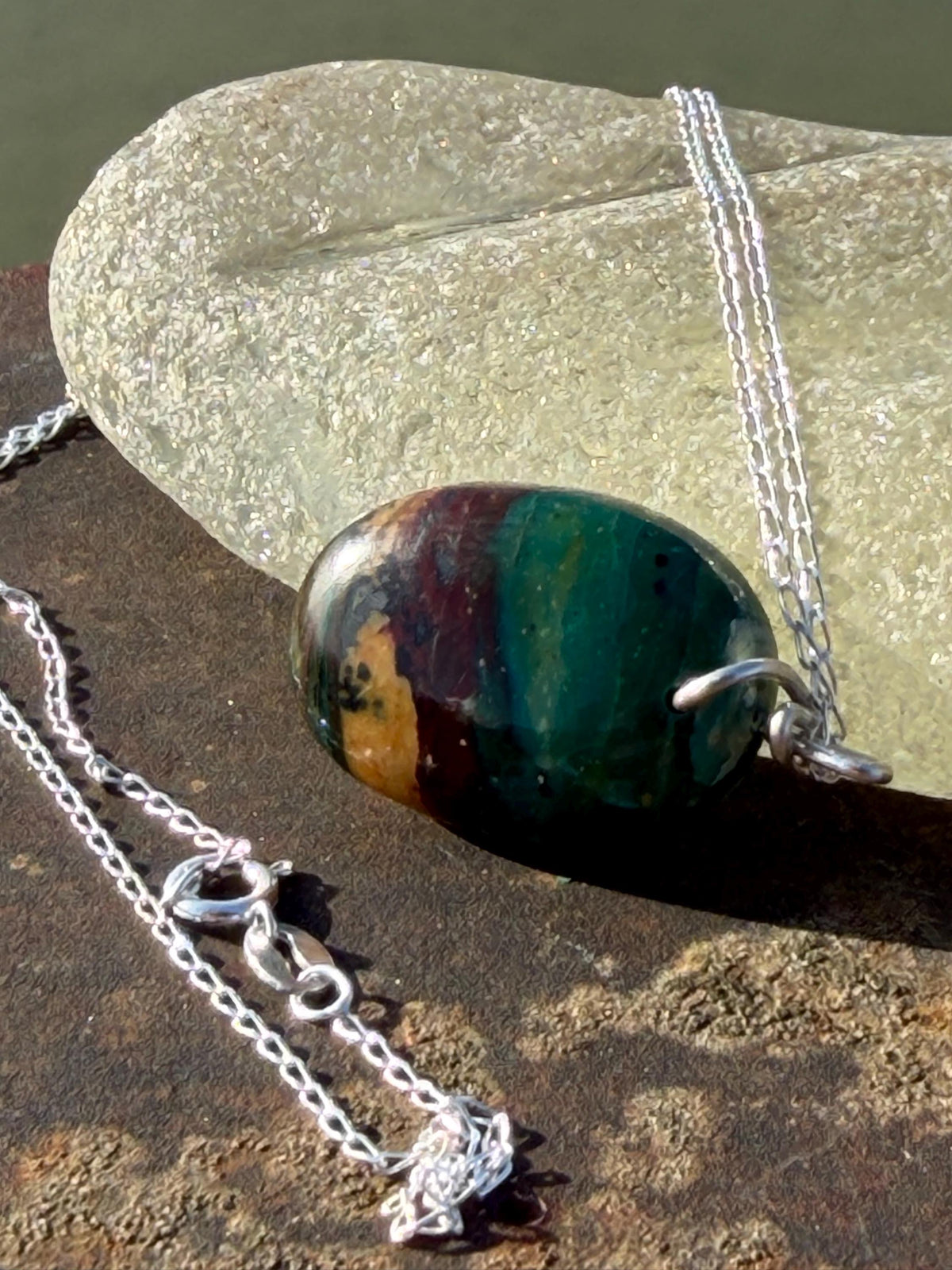 Green opalised wood necklace, ethical jewellery, bohemian necklace, unusual jewellery, unique eco friendly pendant,  red gemstone necklace.